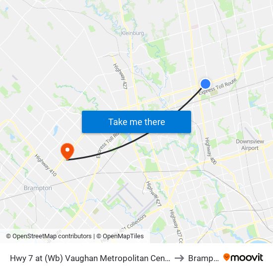 Hwy 7 at (Wb) Vaughan Metropolitan Centre Station to Brampton map