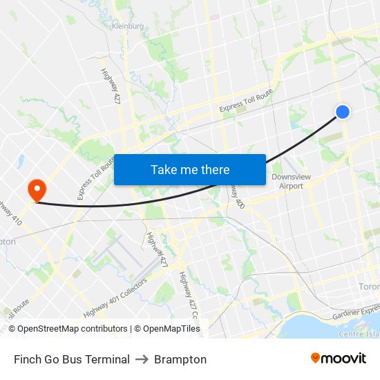 Finch Go Bus Terminal to Brampton map