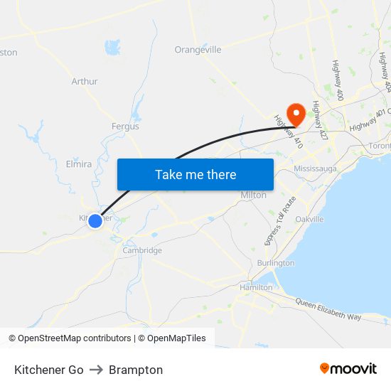 Kitchener Go to Brampton map