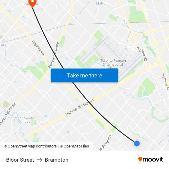 Bloor Street to Brampton map