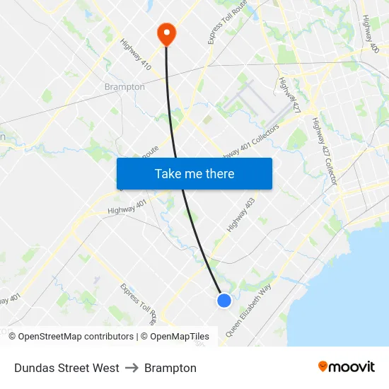 Dundas Street West to Brampton map