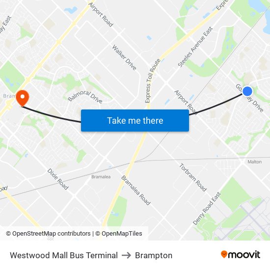 Westwood Mall Bus Terminal to Brampton map