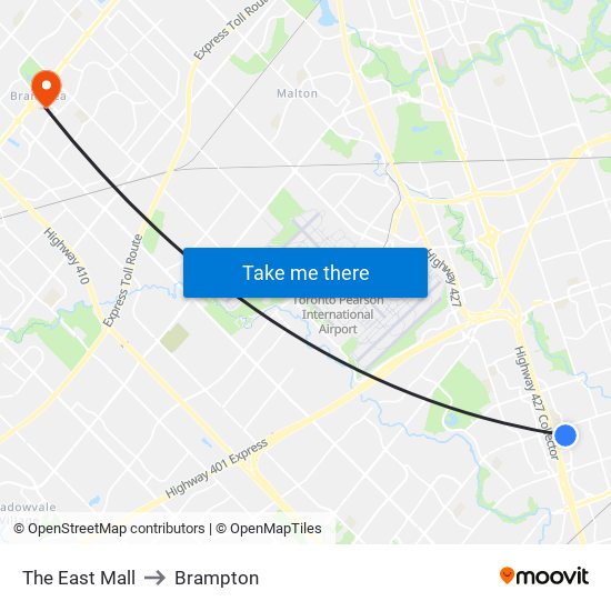 The East Mall to Brampton map