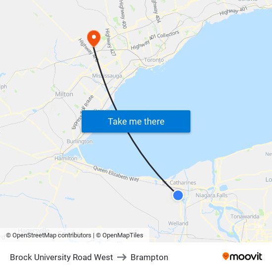 Brock University Road West to Brampton map