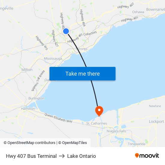 Hwy 407 Bus Terminal to Lake Ontario map