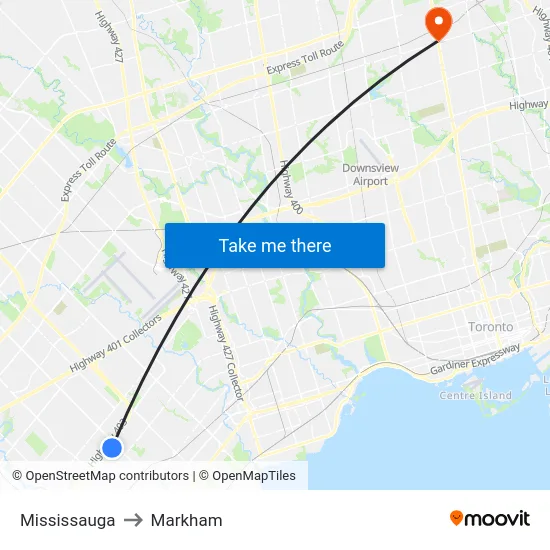 Mississauga to Markham map