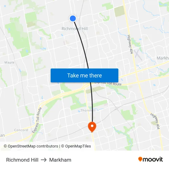 Richmond Hill to Markham map