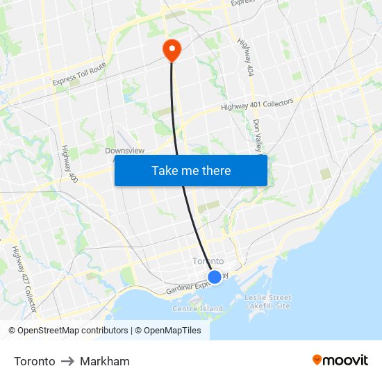 Toronto to Markham map