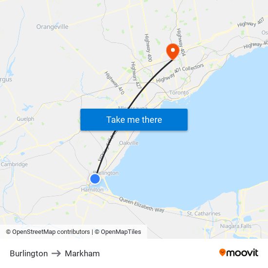Burlington to Markham map