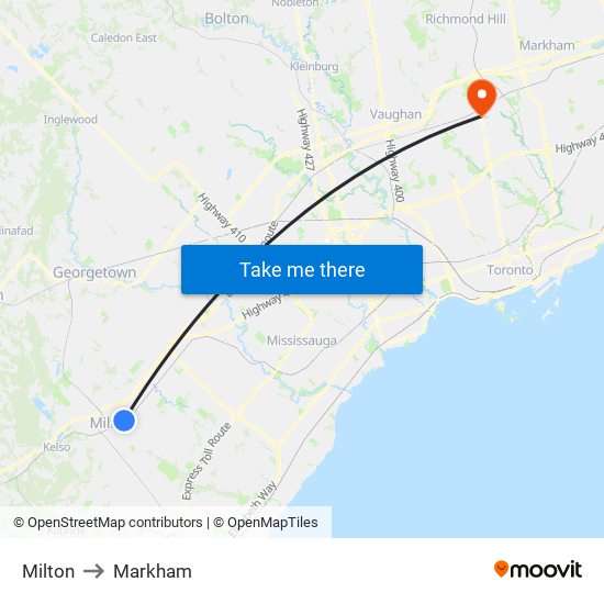 Milton to Markham map