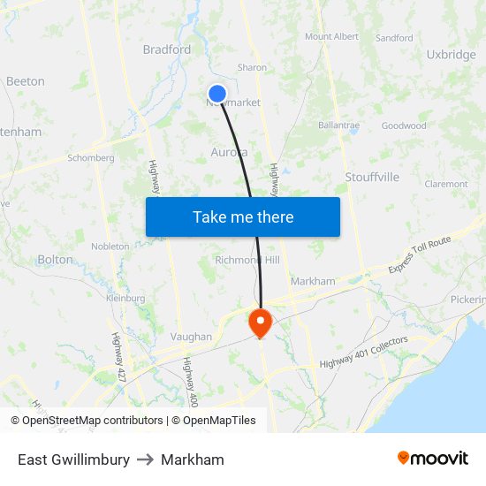 East Gwillimbury to Markham map