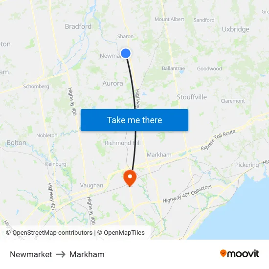 Newmarket to Markham map