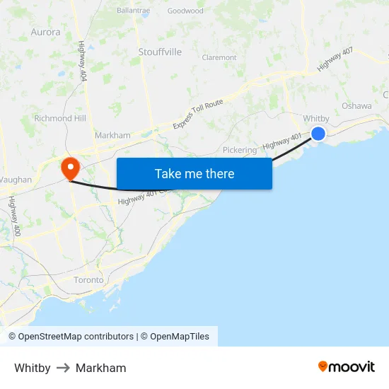 Whitby to Markham map