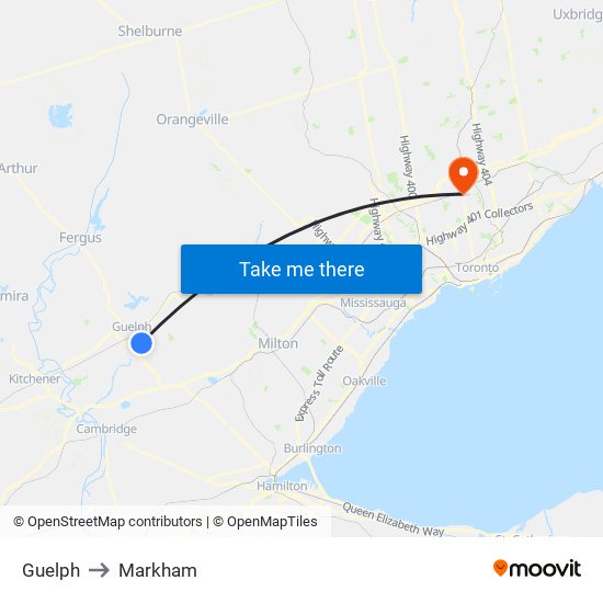 Guelph to Markham map