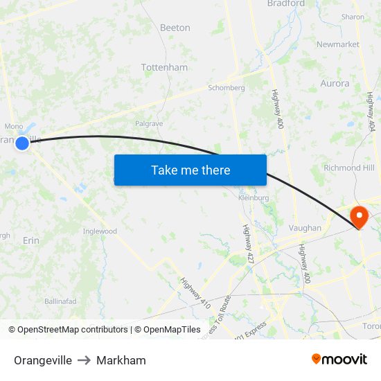 Orangeville to Markham map