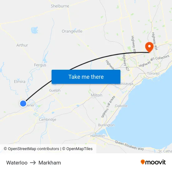 Waterloo to Markham map