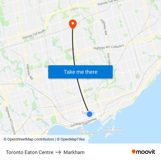 Toronto Eaton Centre to Markham map