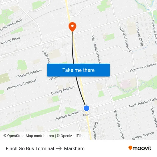 Finch Go Bus Terminal to Markham map