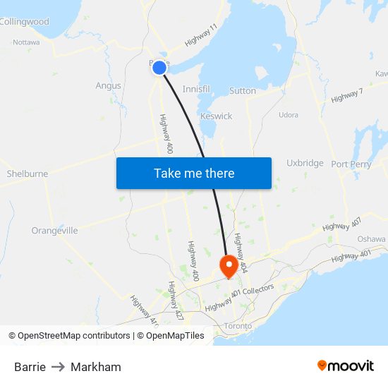 Barrie to Markham map