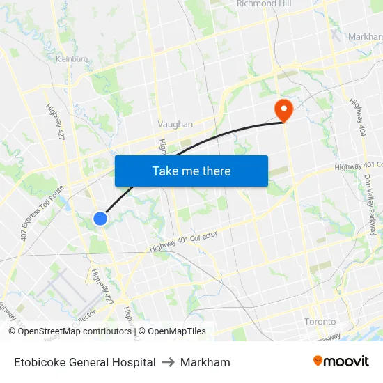 Etobicoke General Hospital to Markham map