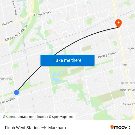 Finch West Station to Markham map