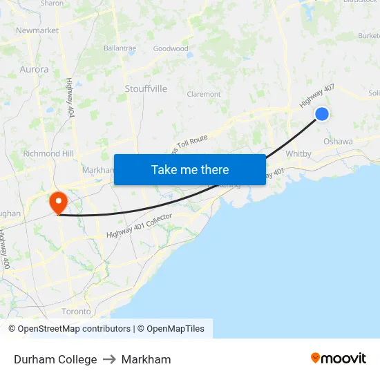 Durham College to Markham map