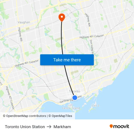 Toronto Union Station to Markham map