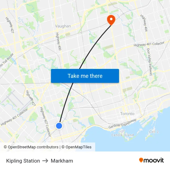 Kipling Station to Markham map