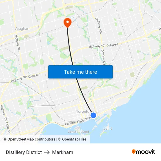 Distillery District to Markham map