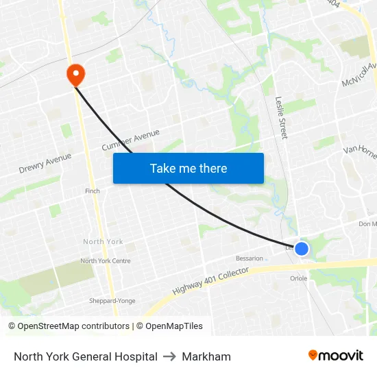 North York General Hospital to Markham map