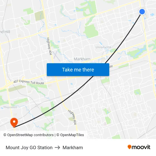 Mount Joy GO Station to Markham map
