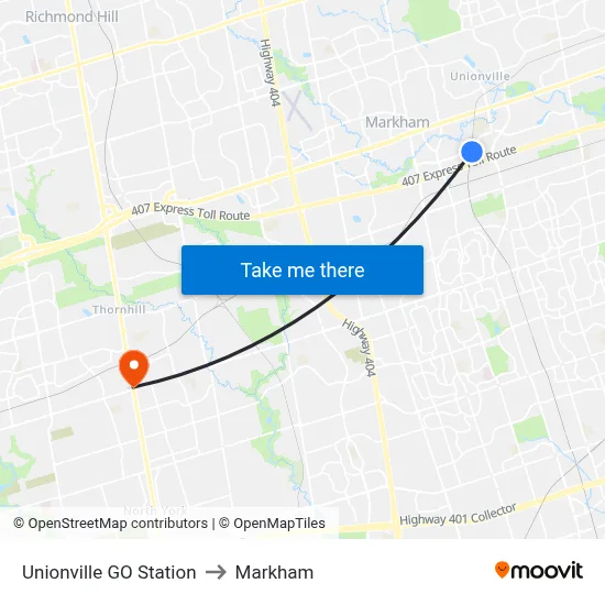Unionville GO Station to Markham map