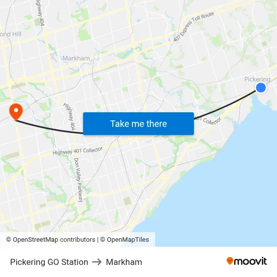 Pickering GO Station to Markham map