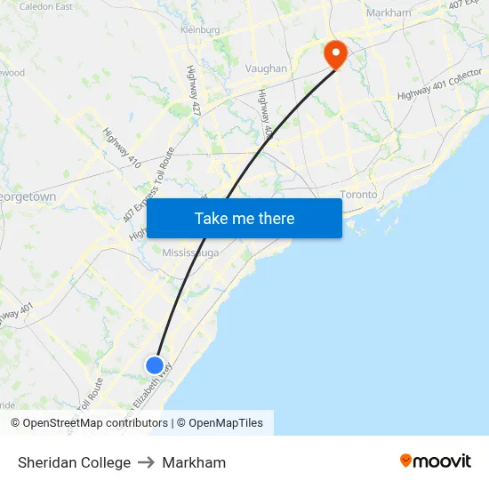 Sheridan College to Markham map