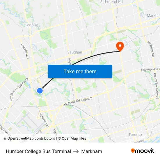 Humber College Bus Terminal to Markham map