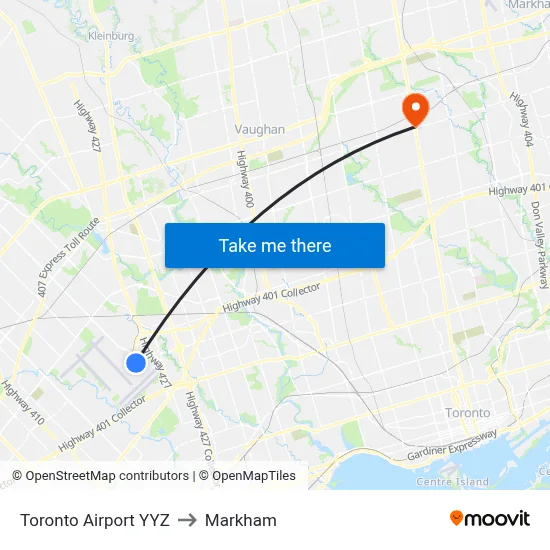 Toronto Airport YYZ to Markham map
