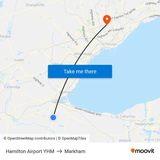 Hamilton Airport YHM to Markham map