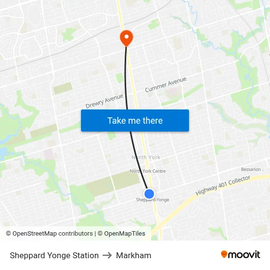 Sheppard Yonge Station to Markham map