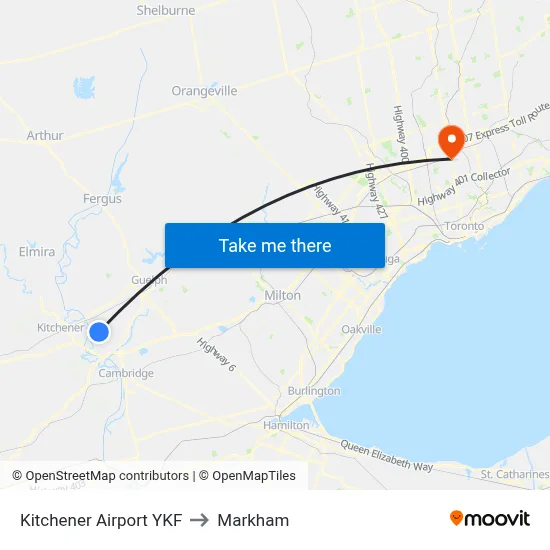 Kitchener Airport YKF to Markham map