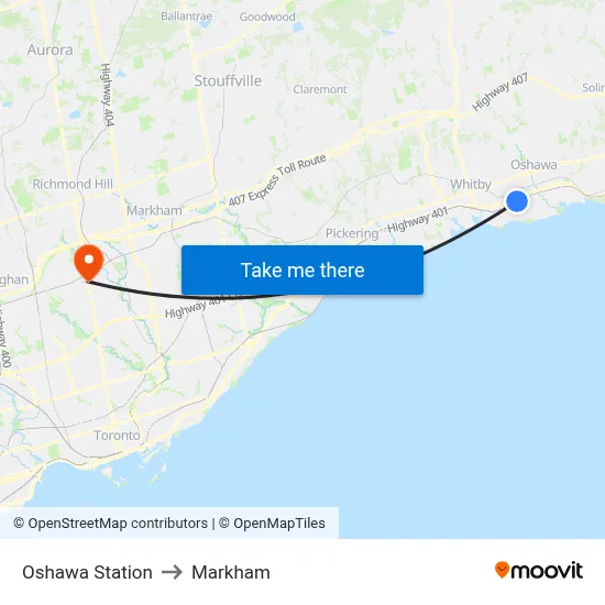 Oshawa Station to Markham map