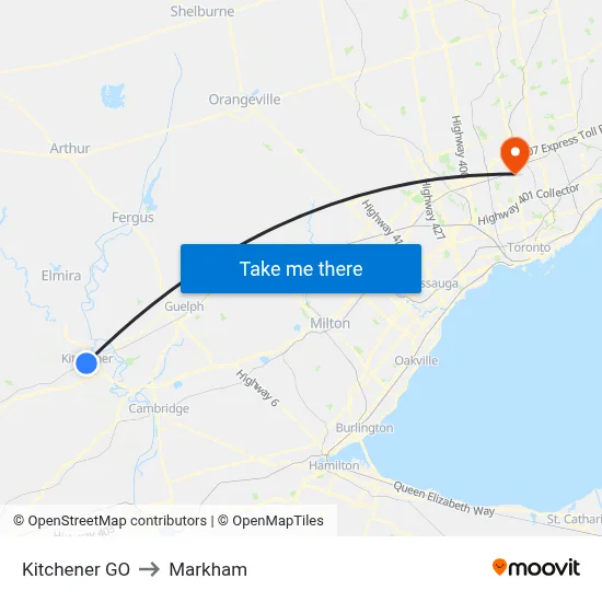 Kitchener GO to Markham map