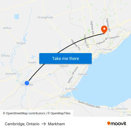 Cambridge, Ontario to Markham map