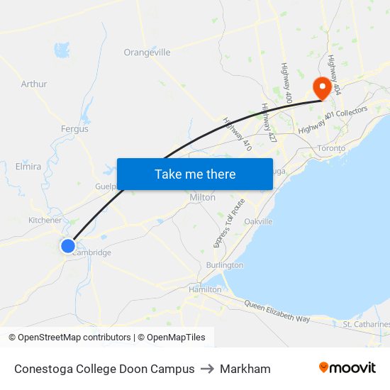 Conestoga College Doon Campus to Markham map