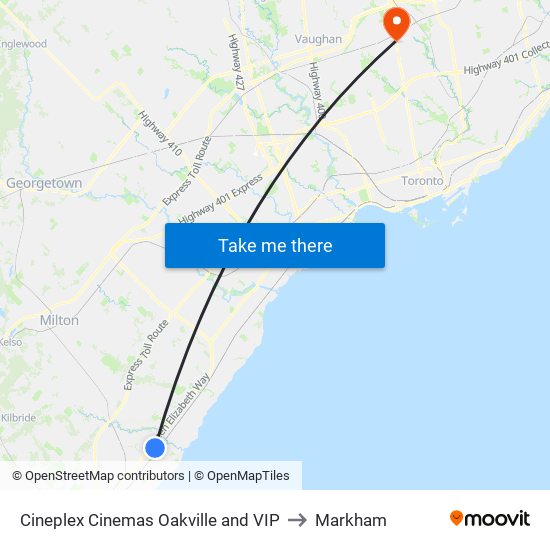 Cineplex Cinemas Oakville and VIP to Markham map