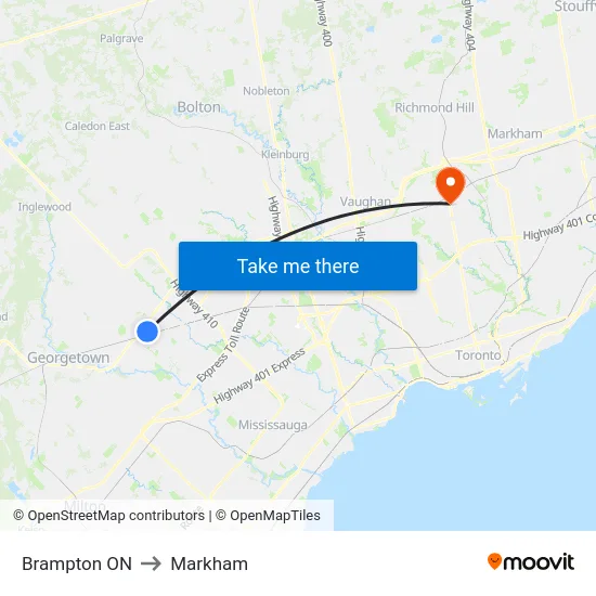 Brampton ON to Markham map