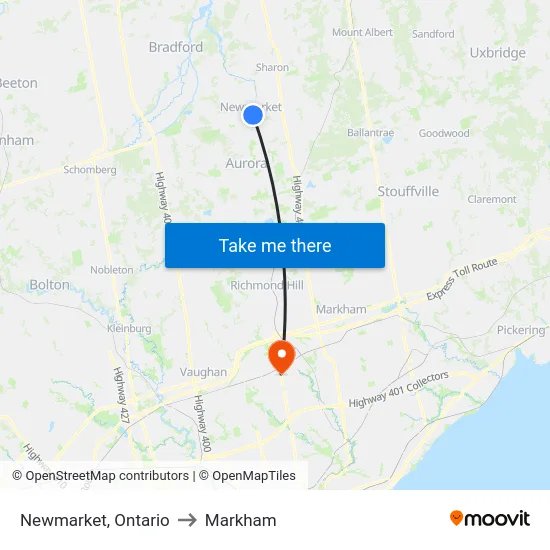 Newmarket, Ontario to Markham map