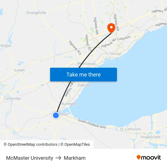 McMaster University to Markham map