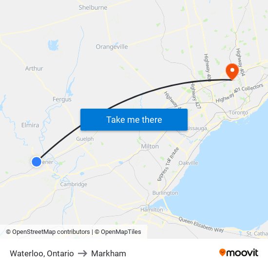 Waterloo, Ontario to Markham map