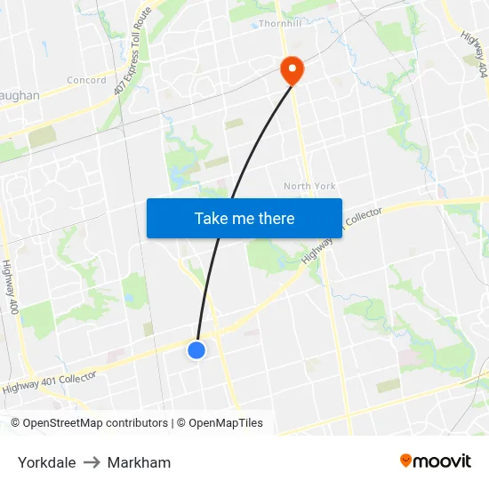 Yorkdale to Markham map