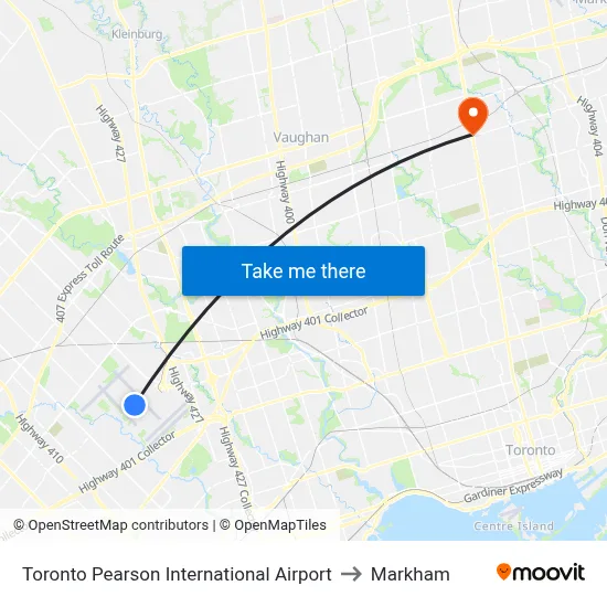 Toronto Pearson International Airport to Markham map